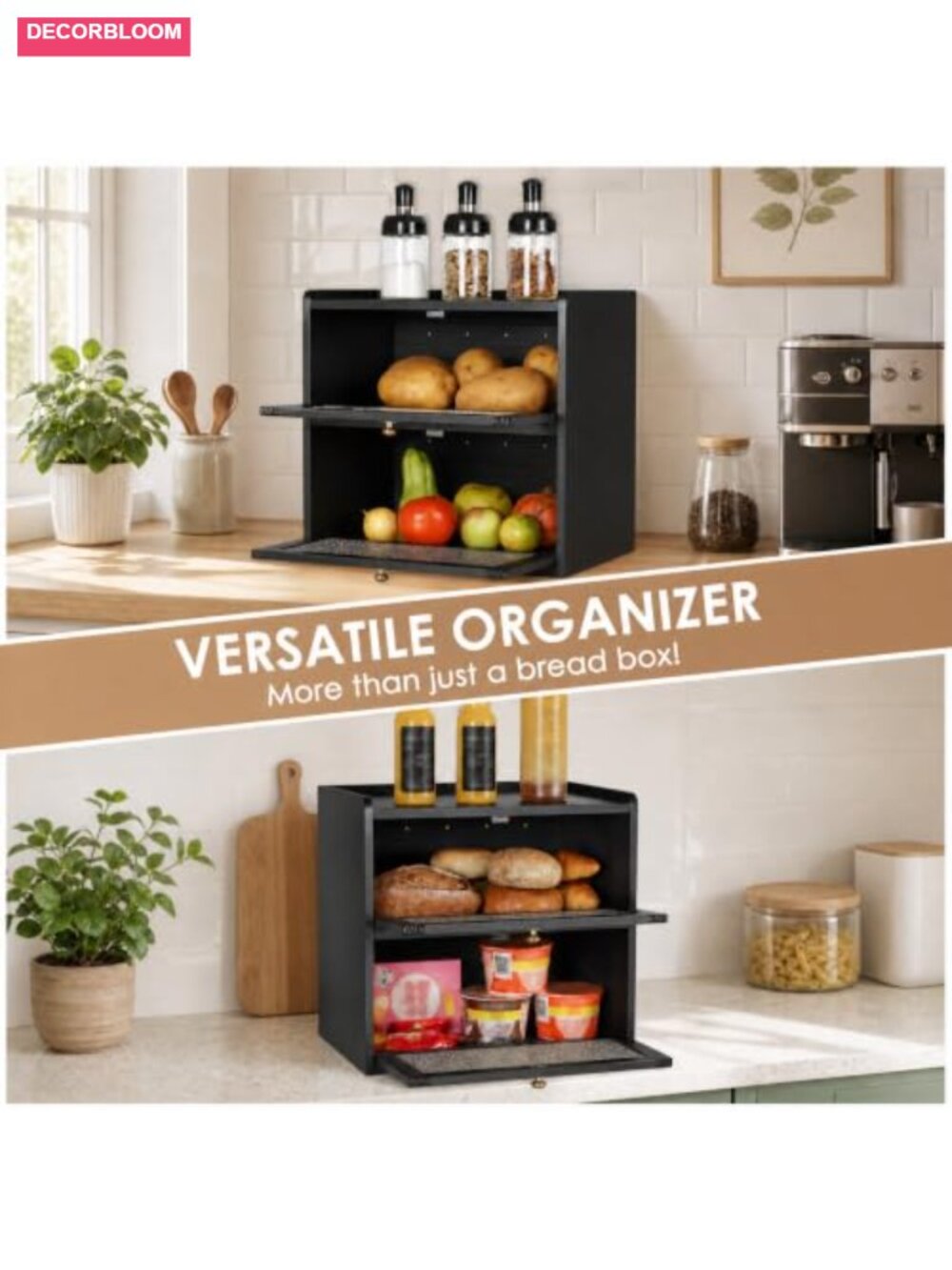 Large Pine Wood Bread Box with Magnetic Doors and Air Vents for Kitchen Counter - Picture 5 of 6